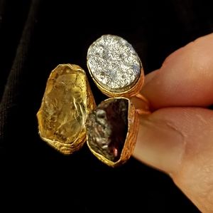 New Rough Citrine, Tourmaline and Titanium Druzy Gold Ring.